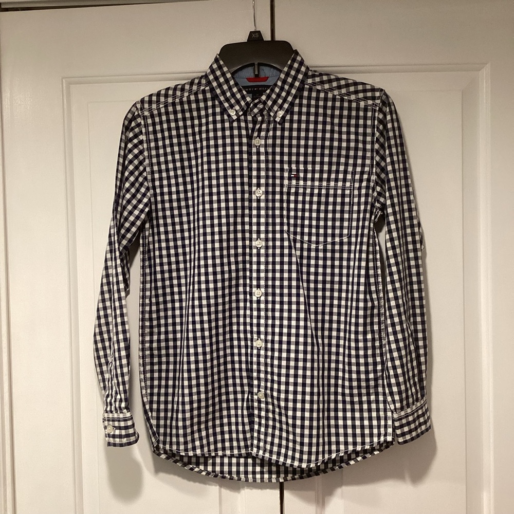 Tommy Hilfiger Navy and White Checkered Shirt size Medium 12/14